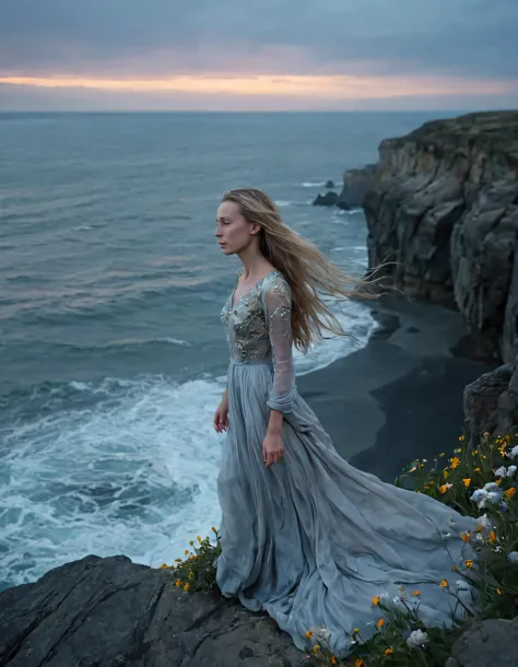 In the somber hues of twilight, a single girl, Tiffany Janzen, stands defiantly on a windswept cliff, her long hair whipping around her face as she gazes out into the tempestuous ocean. Her ethereal gown, woven from shimmering silk and adorned with intricate embroidery, billows dramatically behind her, while the rough cliff face, with jagged rocks and wildflowers clinging precariously to the edges, provides a stark contrast to her elegance and beauty. The emotional tone is one of melancholy and longing, as if she is waiting for something or someone that may never come, yet she stands undeterred by the raging sea below. <lora:uvuzgg18fe307982fz210:1>