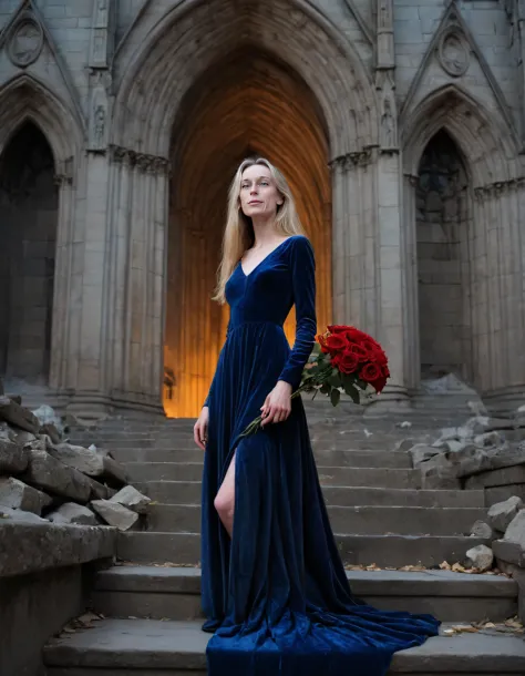 In the hauntingly beautiful tableau vivant, under the ethereal glow of a sunset, silhouetted against the towering, ancient stone walls of a crumbling Gothic cathedral, stands Tiffany Janzen, a solitary figure with long, cascading golden locks and piercing blue eyes. Clad in an exquisitely intricate midnight blue velvet gown that cascades down to her feet like a waterfall of twinkling stars, she poses dramatically, one hand delicately resting on the cold, weathered stone of the cathedral's entrance, while the other clutches a bouquet of wilting, blood-red roses. The camera captures her from a low angle, emphasizing her regal demeanor and the grandeur of the cathedral walls, as she stands alone amidst the ruins, lost in a melancholic reverie, her eyes filled with an enigmatic sadness that speaks volumes about the unspoken tragedy of her past. <lora:uvuzgg18fe307982fz210:1>