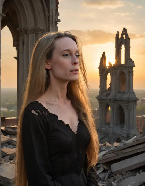 In the golden hour's ethereal glow, a solitary figure - Tiffany Janzen - stands atop crumbling Gothic ruins, her long raven hair cascading behind her like a dark cloud, her regal bearing and hauntingly beautiful visage captured in sharp relief against the brooding backdrop of decaying architecture. Her lone tear trickles down her porcelain cheek, adding poignant beauty to this tragic scene. <lora:uvuzgg18fe307982fz210:1>