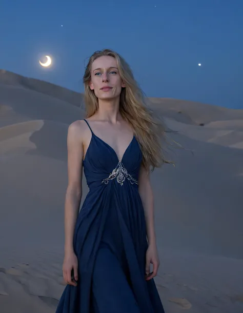 Tiffany Janzen, the solitary girl with blue eyes like the night sky and long, cascading hair, stood clad in a midnight-blue gown adorned with silver crescent moons, her gaze fixed on the horizon as dawn broke over towering sand dunes, her expression a blend of melancholy and hope, bathed in the soft, golden light cast by the crescent moon. <lora:uvuzgg18fe307982fz210:1>