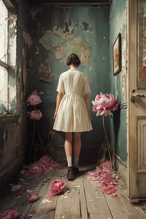 masterpiece,best quality,<lora:tbh156-:0.7>,illustration,style of Philip Lorca diCorcia, decaying peonies