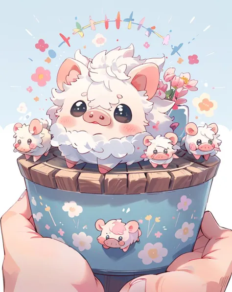 Best quality, (masterpiece:1.1576), (high resolusion:1.2155), (ultra detailed 8k art:1.05), kawaii, (fluffy:1.4), cute, (micro pigs:1) , deformation, multiple Kawaii pigs,  lots of micro sized pigs