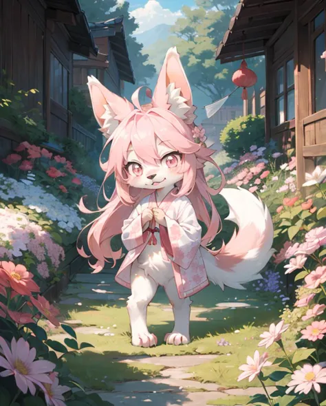 best hands,best quality,(masterpiece,ultra detailed 8k art),chibi, Fluffy,Anime style, (anthro, 1 girl,furry girl,dog),out door, chinese clothes,pastel pink long hair, (pastel pink drooping ears),(drooping ears:1.2), pastel pink tail, pink eyes,flower garden