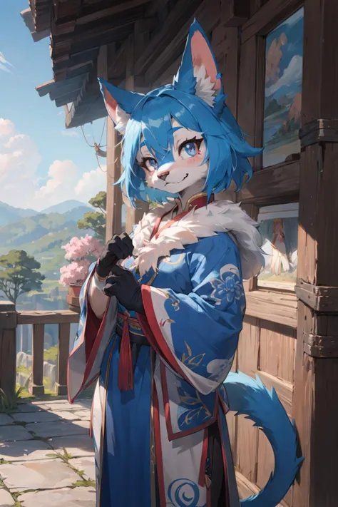 best hands,best quality,(masterpiece,ultra detailed 8k art),Fluffy, (anthro, 1 girl,furry female,cat),out door, chinese clothes,...