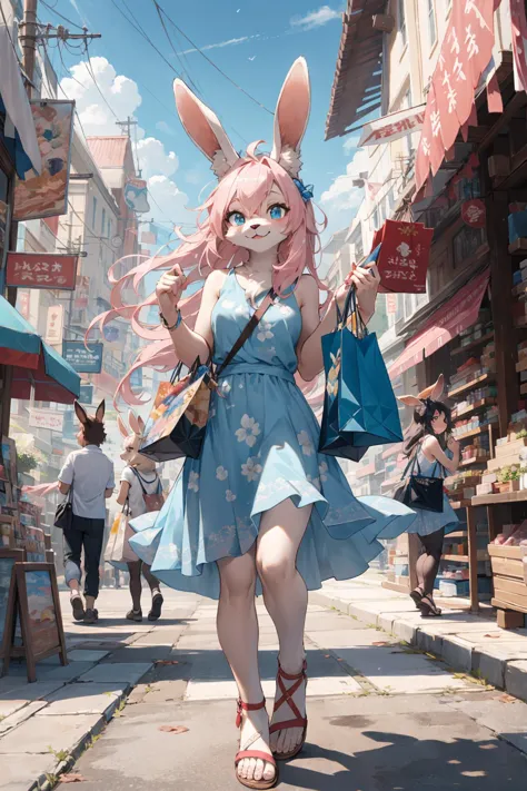 best hands,best quality,(masterpiece,ultra detailed 8k art,illustration),Fluffy, (anthro, 1 girl,furry girl,rabbit ears),out door,(pink long hair), port town, stone bridge, ship, lively, crowd, shopping, blue eyes,smile,(full body),flour pattern sky blue Casual dress BREAK
light blue sandals,Shopping bag,crossbody bag