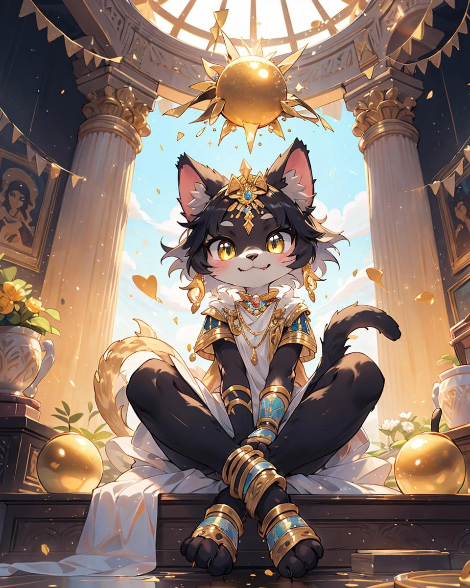 Best quality, (masterpiece, ultra  detail 8k art:1.15)full body,furry,(looking at viewer,anthro,cat legs),cowboy Shot,sitting,Egyptian mythology, fantasy, cat deity Bastet, feminine features, cute expression, fluffy fur, golden jewelry, warm lighting, vibrant colors, ancient Egyptian setting,(dark skin:1.15),out door BREAK
gorgeous,sit on the throne,(crossed legs, Biting into a shining golden apple,hime cut, medium hair),(1 shining golden apple:1.2)high-handedness,, smile, atrium, void,palace,golden cat whiskers BREAK
(three anthro servants cats,Three cats wearing simple clothes:1.25) 