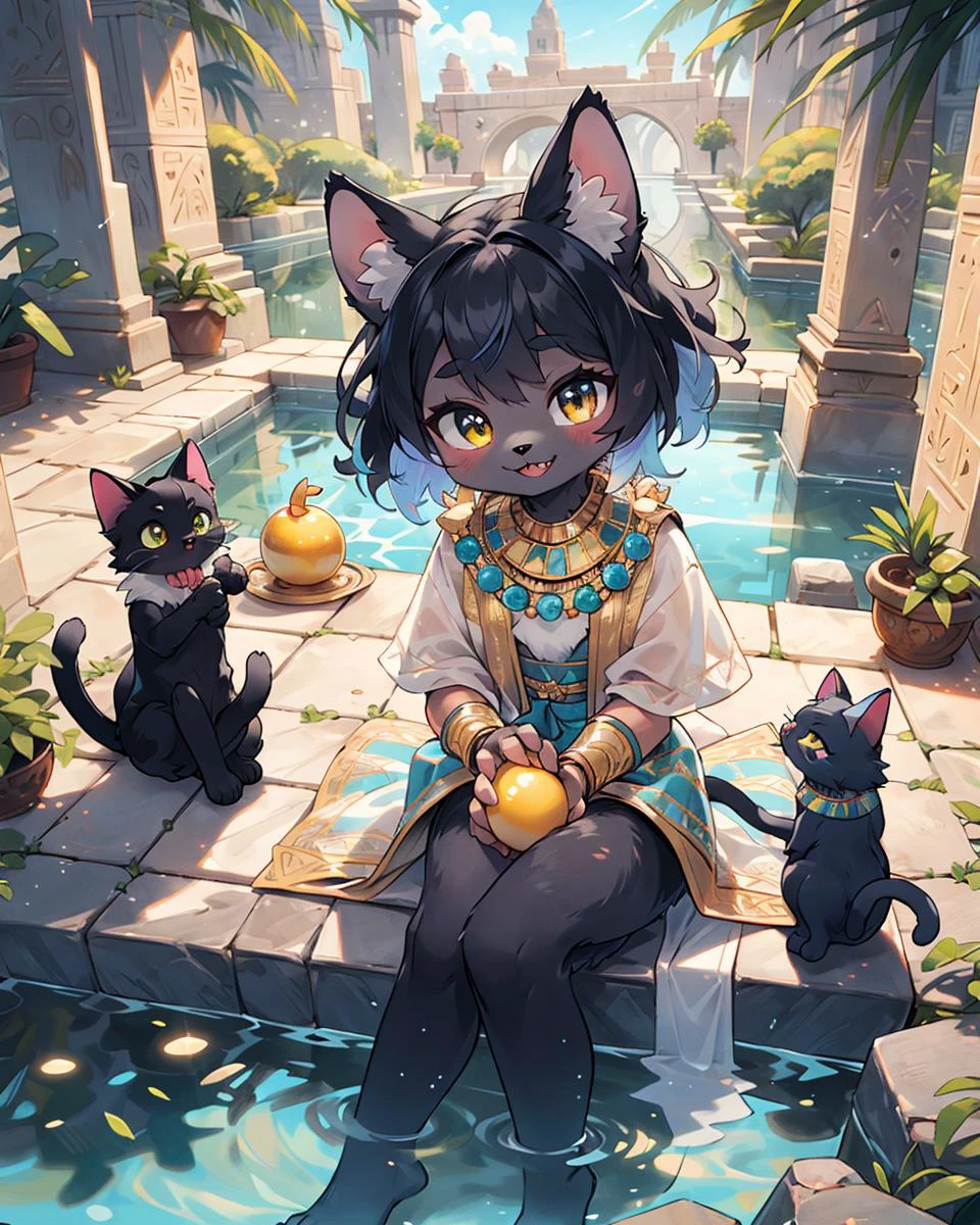Best quality, (masterpiece, ultra  detail 8k art,out door:1.15),From above,full body,furry,(best hands:0.7),(multiple cats,looking at viewer,anthro,cat legs),cowboy Shot,sitting,Egyptian mythology, fantasy, cat deity Bastet, feminine features, cute expression, fluffy fur, golden jewelry, warm lighting, vibrant colors, ancient Egyptian setting,(dark skin:1.15) BREAK
gorgeous,(oasis, water,black hair, Biting into a shining golden apple,hime cut, medium hair),(1 shining golden apple,crossed legs:1.2),high-handedness,, smile,palace,golden cat whiskers BREAK
(three anthro servants cats,Three cats wearing simple clothes:1.25)