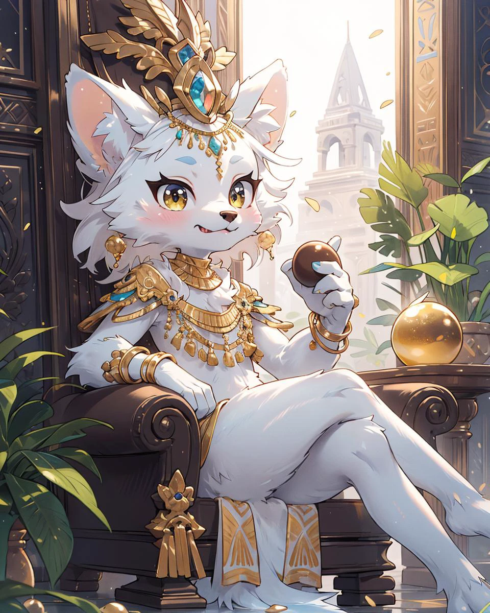 Best quality, (masterpiece, ultra  detail 8k art:1.15),looking at viewer,full body,furry,(anthro,cat legs),sitting,Egyptian mythology, fantasy, cat deity Bastet, feminine features, cute expression, fluffy fur, golden jewelry, warm lighting, vibrant colors, ancient Egyptian setting,(dark skin:0.8),out door BREAK
gorgeous,sit on the throne,(crossed legs, Biting into a shining golden apple,hime cut, medium hair),(1 shining golden apple:1.2)high-handedness,, smile, atrium, void,palace BREAK
(three anthro servants around,Three anthro wearing simple clothes:1.25) 