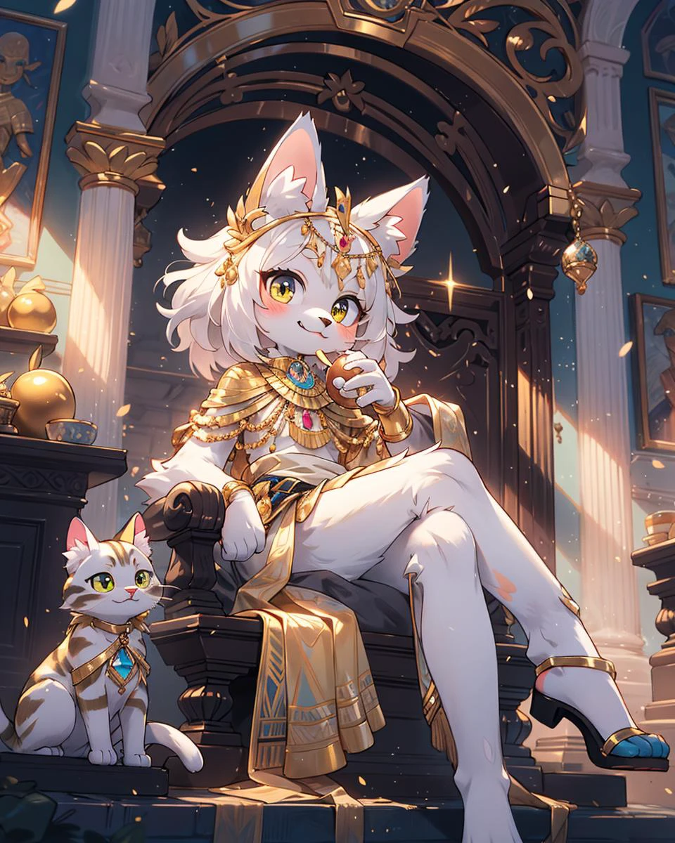 Best quality, (masterpiece, ultra  detail 8k art:1.15)full body,furry,(looking at viewer,anthro,cat legs),cowboy Shot,sitting,Egyptian mythology, fantasy, cat deity Bastet, feminine features, cute expression, fluffy fur, golden jewelry, warm lighting, vibrant colors, ancient Egyptian setting,(dark skin:1.15),out door BREAK
gorgeous,sit on the throne,(crossed legs, Biting into a shining golden apple,hime cut, medium hair),(1 shining golden apple:1.2)high-handedness,, smile, atrium, void,palace,golden cat whiskers BREAK
(three anthro servants cats,Three cats wearing simple clothes:1.25) 