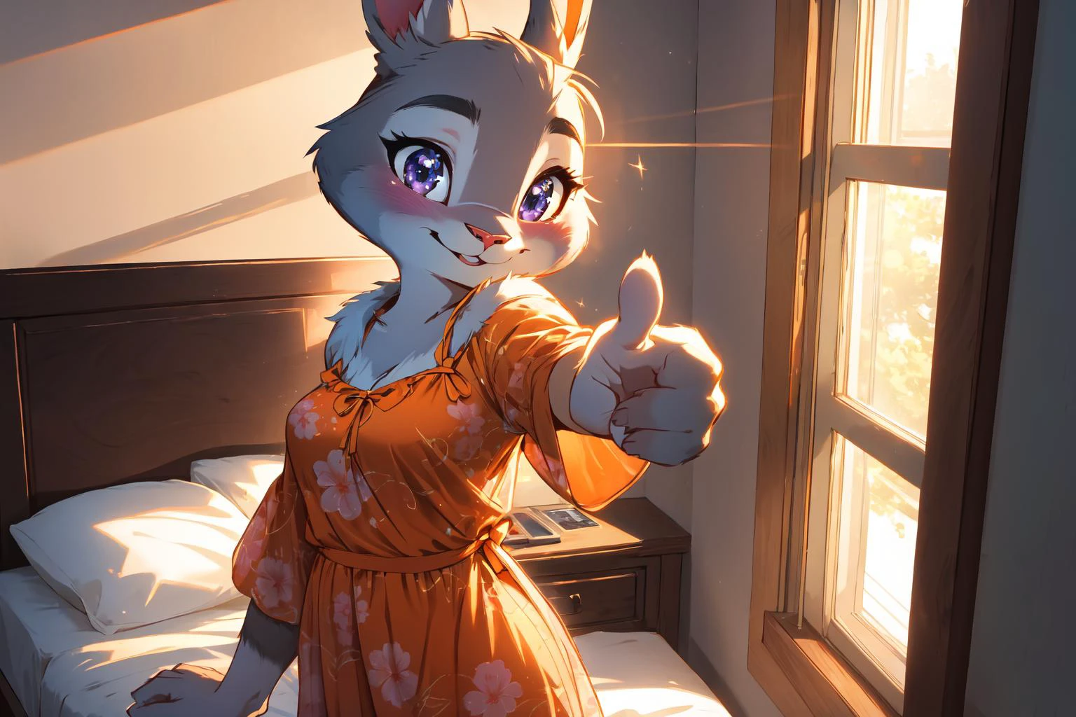 (judyhopps), (ultra detailed fur:1.2), rabbit ears,
seductive smile, hanging breasts, (hope on face),
(cute orange nightgown:1.2),
bedroom, standing near bed, relaxed pose, (blushing:1.2)
(pointing viewer with hand), (pointing herself with hand),
(evening:1.2), windows, english countryside, spring,
(masterpiece:1.2), (best quality:1.2), (intricate:1.2), (highly detailed:1.2), (sharp:1.2), (8k:1.2), (highres:1.2),
cinematic lighting, vivid colors,
 