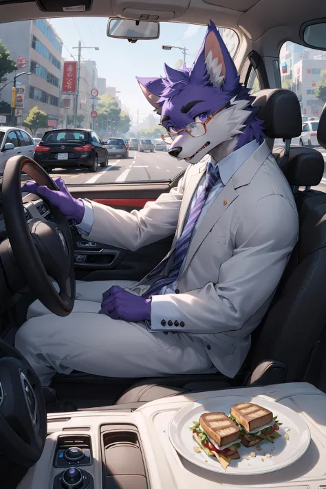 best hands,wide Shot,best quality,from below,(masterpiece,ultra detailed 8k art,cowboy Shot),fisheye lens,from the front,(anthro:1.5),looking away,1  purple furry male, purple furry hand,Fluffy, (Focus on the purple male dog),close-up face,Inside the car,Late 30s male anthropomorphic dog BREAK
look out the window,Wear glasses,holding a sandwich in one hand, dressed in a business suit,navigating traffic in a white car during his morning commute , troubled eyebrows, closed mouth, (many cars outside the window)  BREAK
Frustration sets in as he's caught in a traffic jam, trying to stay composed while steering from the driver's seat,
A comedic scenario takes place as the hurried male driver munches on a breakfast sandwich while steering through the traffic snarl, deftly navigating the morning rush.