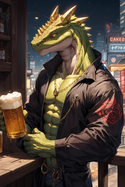 (From above),best hands,best quality, (official art:1.15),(close-up face:1.37),(ultra detailed 8k art,fantasy),skyscraper,(upper body, focus green lizard man,lizard yellow eyes,anthro:1.2),(gangster,From front,scales),big tattoo on chest BREAK
(muscular:1.25) ,(intricately carved head gold spikes), metropolis,night party,drinking beer from a large beer mug,lean on metal railing,grab a beer mug,(night bar),gold claw BREAK
thick lower body,scary face,night view,A black jacket opens,golden chain necklace,old scar on half of face,(anthros crowd),neon light,roll up the sleeves