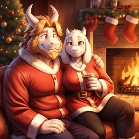 asgore and toriel, happy couple, husband and wife, ((2characters)), (santa outfit), pants, sitting on a sofa, christmas, fireplace, wholesome, 
anime eyes, smile, ((detailed eyes, detailed face)), holding a cacao cup, (high quality:1.2), masterpiece, detailed, highres, 8k, UHD, sharp focus