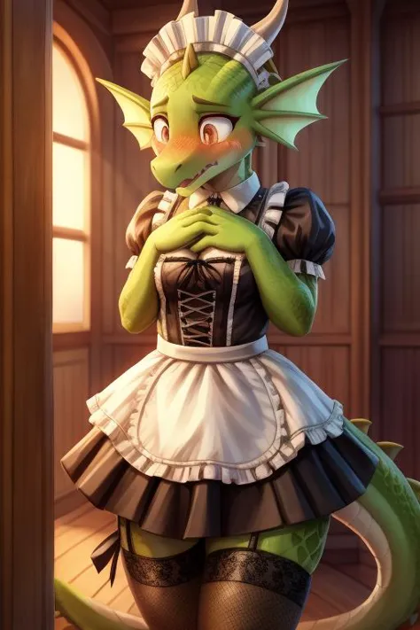dragon girl wearing maid outfit, skirt, scalie, reptile, embarassed, shy, blush, annoyed, legwear, (lingerie:0.5), ((leg ribbon)...
