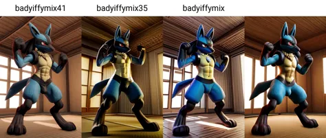 velu, Lucario, mâle, les yeux rouges, queue, Athlethic, anthro, pose de combat, portrait en pied, dojo, lumière tamisée, aura, 3D \(ouvrages d&#39;art\)