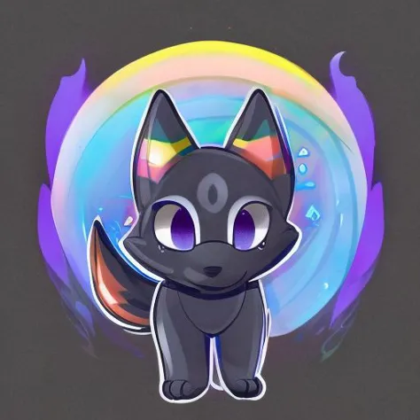 a close up of a cartoon cat with a rainbow ring in the background