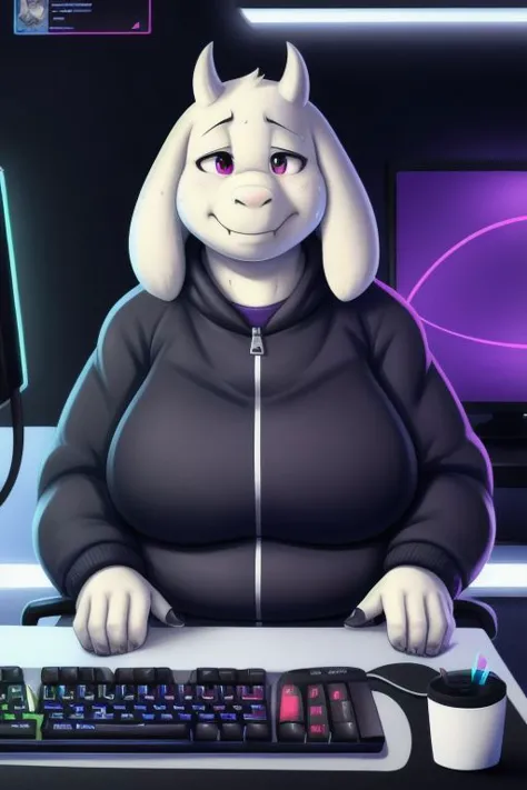 Toriel working as a fat ゲーマー, ゲーミングチェアに座っている, 脂肪の発汗, 健康問題, ゲーマー, 高解像度, 8K, ゲーマー outfit, ツイッチ ストリーム UI, モダンな服装, ジッパーのないジャケットセーター, 太った顔, 巨乳, キーボード, ねずみ, デスクトップ