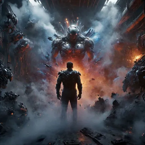 a man stands in front of a giant robot surrounded by smoke