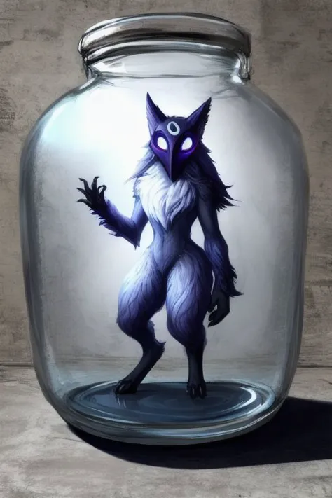 Art conceptuel fantastique éthéré de Kindred de League of Legends à l&#39;intérieur d&#39;un bocal en verre, femelle, masque, agneau, fourrure moelleuse, courbée, réduit, 3D, pot fermé, tout le corps