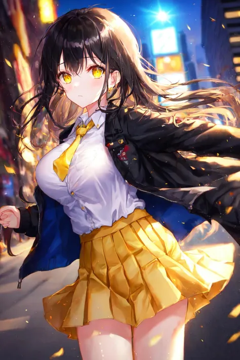 1girl, extremly detailed, ((Cinematic lighting)), ((glowing)), ((dramatic lighting)), ((beautiful detailed glow)), intricate detail, finely detailed beautiful face and eyes, overexposure, Medium black hair, black jacket, floating hair, yellow eyes, glowing eyes, large breasts, white shirt, open jacket, yellow necktie, cowboy shot, black skirt, fluttering clothes, city, spotlight