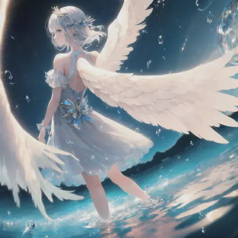 illustration, (1girl, angel, silver_hair, angel wings from the back, standing on water), (looking at viewer, panorama, reflectio...