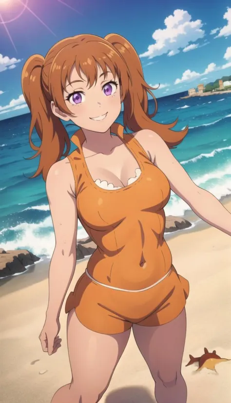 1girl, <lora:Diane:1> Brown twin-tails, smiling, purple eyes, orange sleeveless outfit, light skin, content expression, ocean, s...