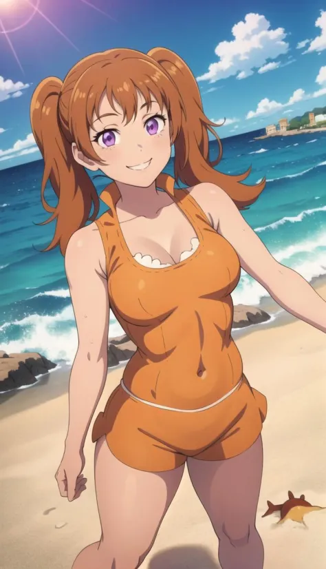 1girl, Brown twin-tails, smiling, purple eyes, orange sleeveless outfit, light skin, content expression, ocean, sand, sun, standing