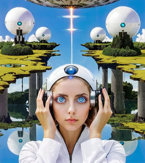 EdobRiderStyle, SyFyEyeHorror1, SyFyEye1, nature, solo, city, floating island, 1girl, missile, reflection, robot, heterochromia, hand on another's head, <lora:SyFyEye1_XL_v1.0:0.5>  <lora:SyFyEyeHorror1_XL_v1.0:0.5>  <lora:EdobRiderStyle_XL_v1.0:0.8>