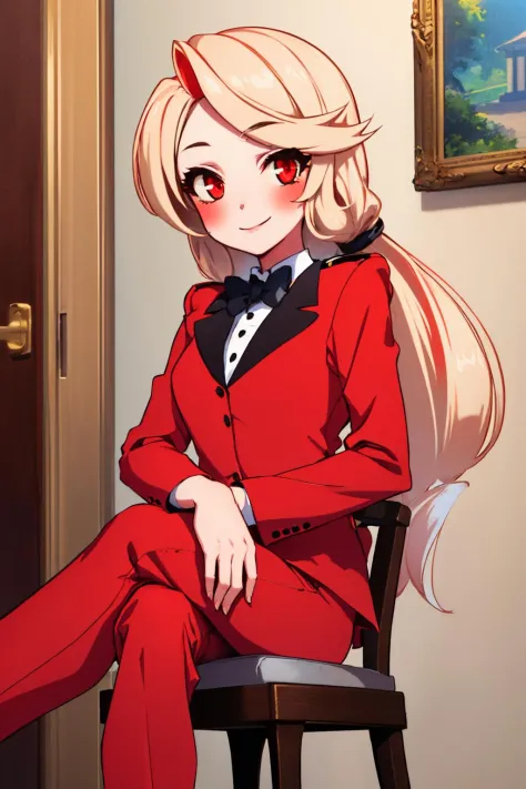 (masterpiece, best quality:1.2), solo, 1girl, charlie morningstar, colored skin, smile, looking at viewer, sitting, crossed legs, chair, colored sclera, red jacket, bowtie, red pants, indoors <lora:hazbinhotel_morningstar_v11-10:1>