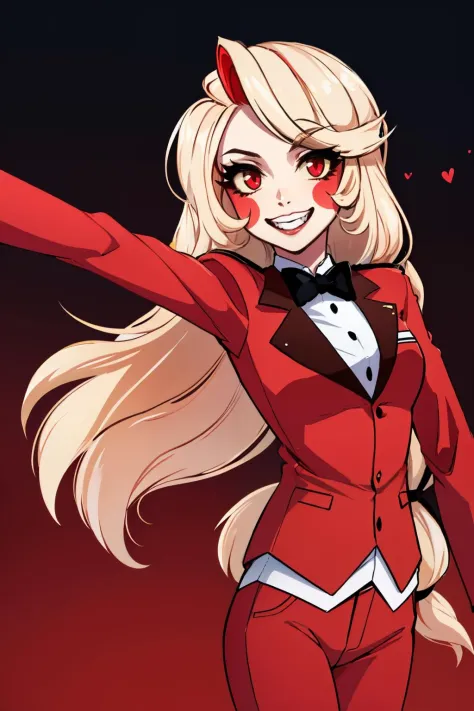 (masterpiece, best quality:1.2), solo, 1girl, charlie morningstar, colored skin, grin, looking at viewer, outstretched arms, colored sclera, red jacket, bowtie, red pants <lora:hazbinhotel_morningstar_v11-10:1>