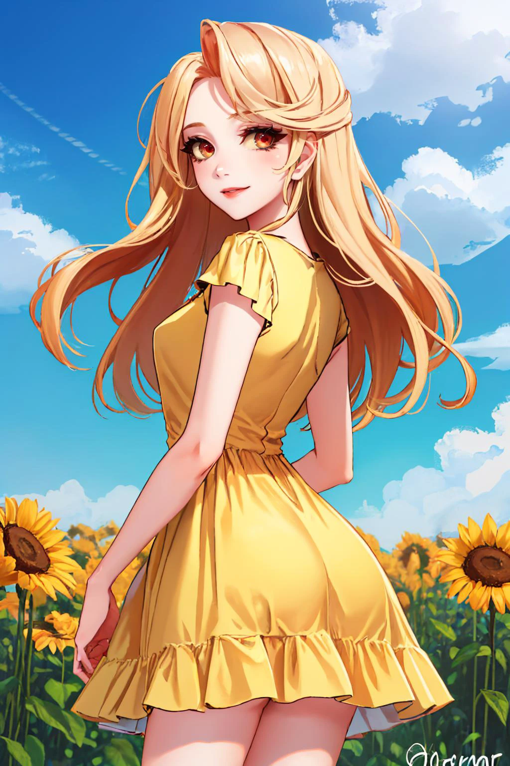 (masterpiece, best quality:1.2), solo, 1girl, charlie morningstar, colored skin, smile, looking back, colored sclera, yellow sundress, flower field 