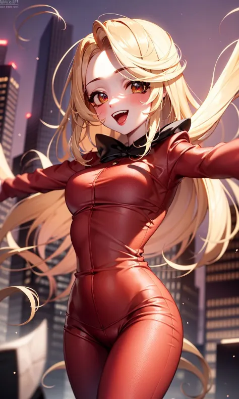 (masterpiece, best quality:1.2),<lora:hazbin_morningstar-10:0.8>,cowboy shot,solo,1girl,charlie morningstar,\:d,looking at viewer,outstretched arms,long hair,red suit,red pants,city background,