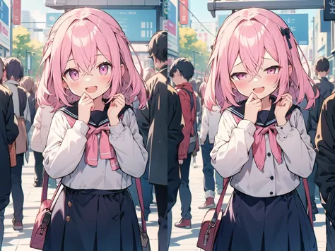 anime girl with pink hair and glasses standing in a crowd