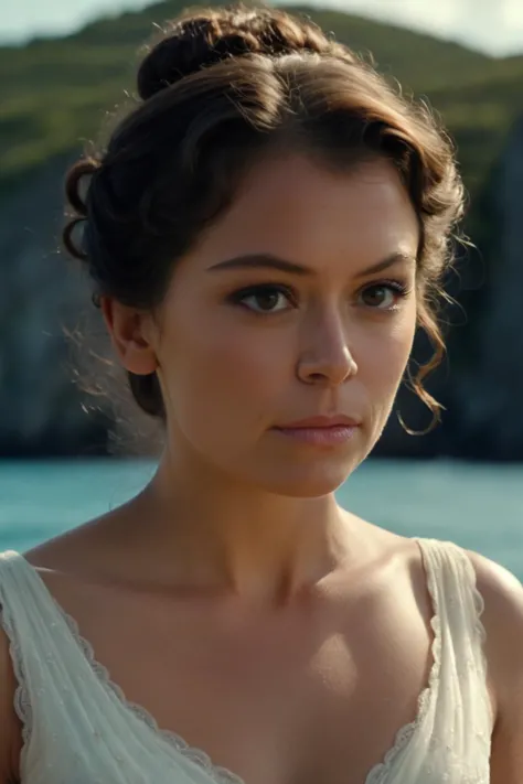 a woman in a white dress standing on a beach next to the ocean