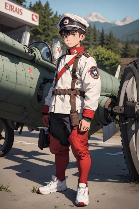 arafed boy in uniform standing next to a military plane