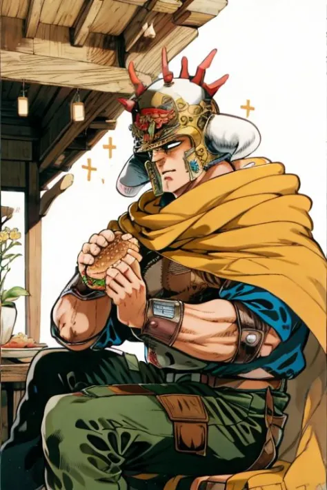 raoh,1boy,two-handed burger,