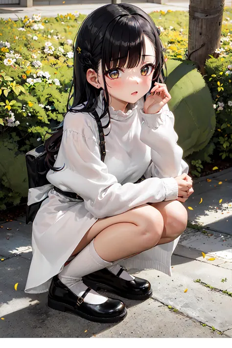 anime girl with black hair and white shirt crouching down on the ground