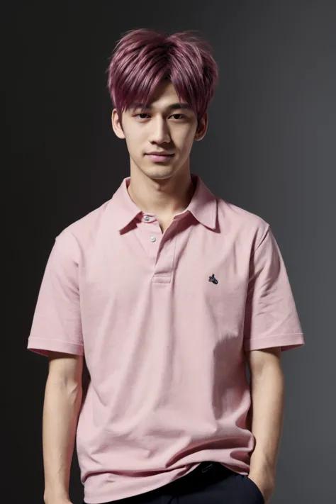 a man with pink hair and a pink shirt posing for a picture