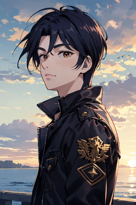 anime boy with black hair and a black jacket standing on a pier