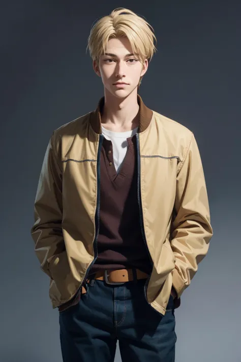 a man in a jacket and jeans poses for a picture