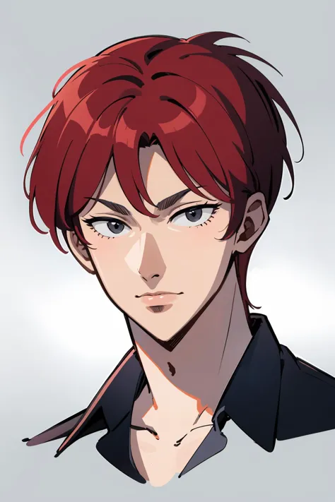 (masterpiece, high quality, highres:1),1boy,solo,<lora:fkmt-wasabiya:1>,fkmt,male focus,(black eyes , red hair ),cropped shoulders,