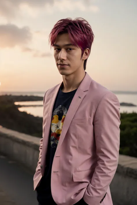 arafed man with pink hair and a pink blazer standing on a bridge