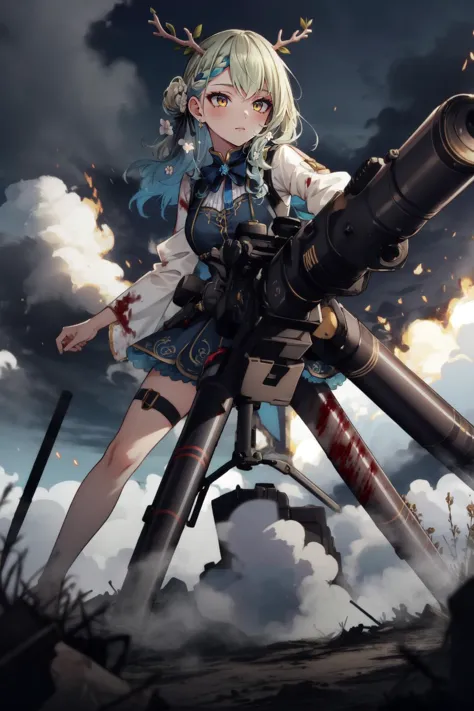 (masterpiece, best quality), intricate details,
 1girl,  Ceres Fauna, antlers, long hair, braided bangs, hair flower,  FaunaBase, long hair, braided bangs, hair flower, blue dress, wide sleeves, single thighhigh, bridal gauntlets
 (towlauncher, tripod, scope:1.2),  battlefield, explosion, debris, smoke,  blood, injuries, war,