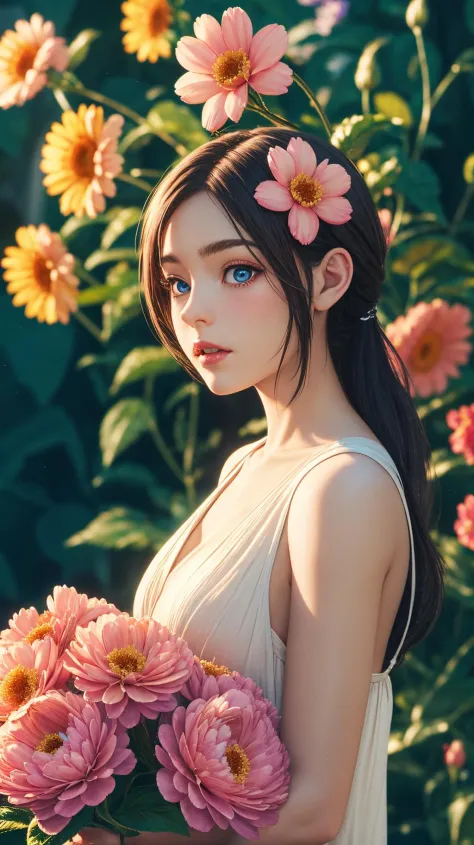 masterpiece,ultra realistic,32k,extremely detailed CG unity 8k wallpaper, best quality, (1girl), (flowers:1.2), blue, (film over...