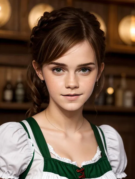 EmWat69 Emma Watson as an Oktoberfest waitress wearing a sexy green German dirndl, slight smile, Highly detailed, smooth, sharp ...