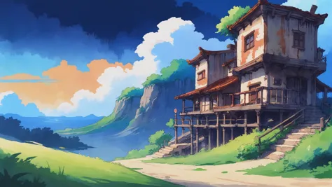 anime scenery of a house on a hill with a mountain in the background