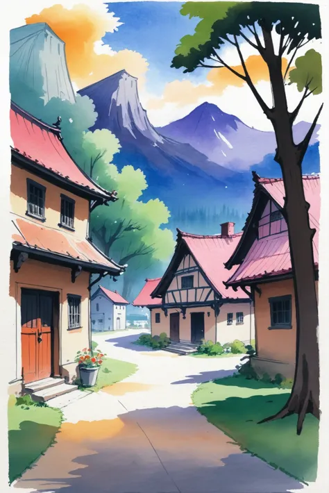 a painting of a village with a mountain in the background