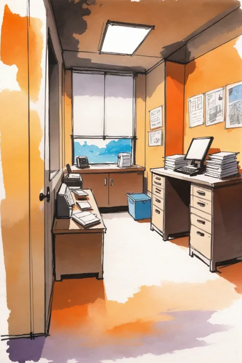 there is a drawing of a desk with a laptop and a printer