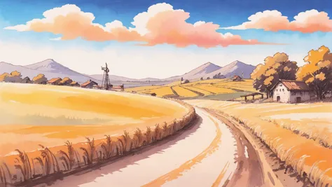 rough idyllic anime watercolor sketch, ink and wash, sparkling neon wheat color scheme, noon, scenery, in a Golden Fields<lora:EnvyStarlightAnimeWatercolor01:1><lora:EnvyStarlightAnime03:1><lora:EnvyStarlightIdyllicAnime01:1>