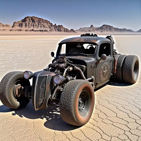 rat_rod, at lonley highway on an alien planet, desert, hyper detailed, from behind, sand,,